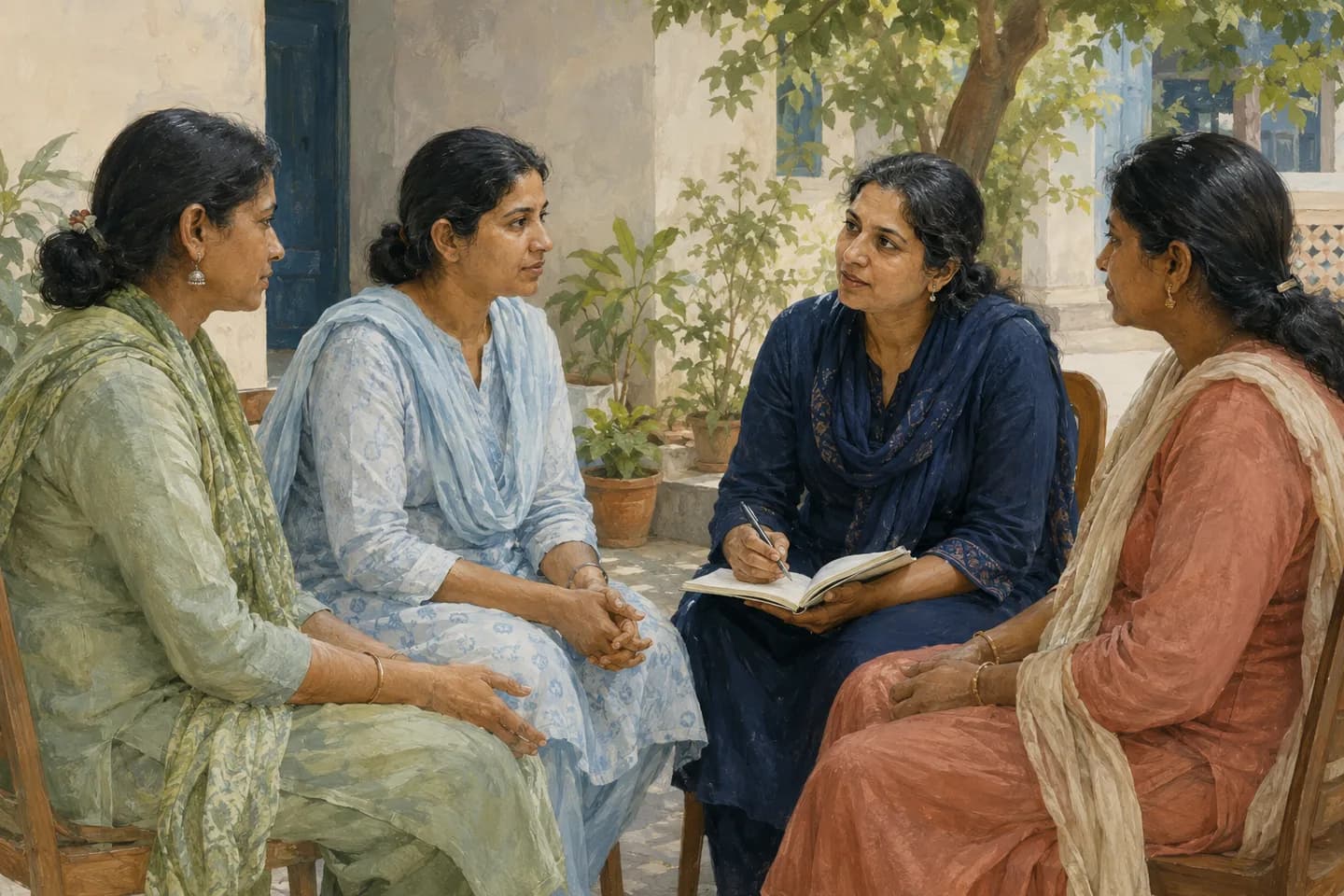 Editorial illustration of adult women in a facilitated community discussion.